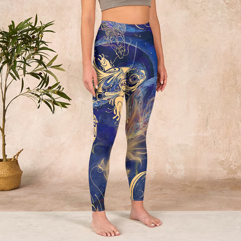 Blue Koi Fish Auspicious Clouds Print Gym Leggings Women's Yoga Pants