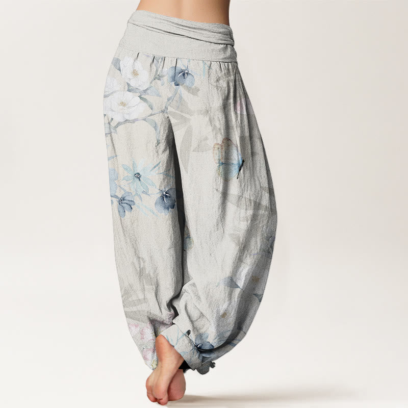 Cherry Blossoms?Hibiscus Butterfly Women's Elastic Waist Harem Pants