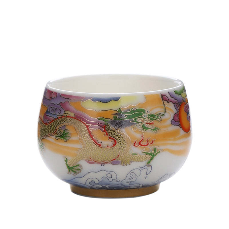 Dragon Phoenix Auspicious Clouds Sun Ocean Waves Ceramic Teacup Kung Fu Tea Cup