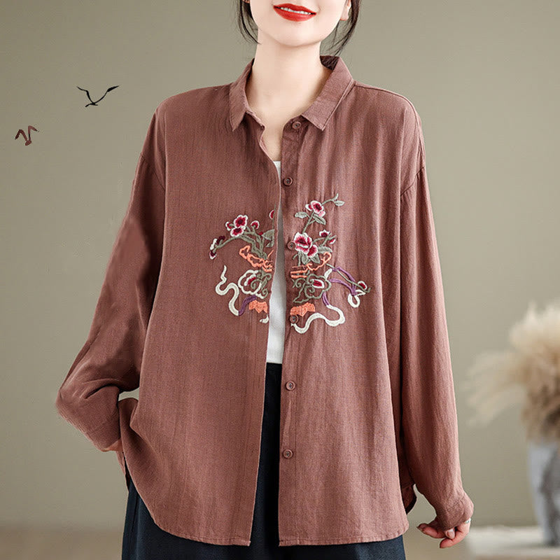 Flower Embroidery Long Sleeve Cotton Linen Women's Shirts