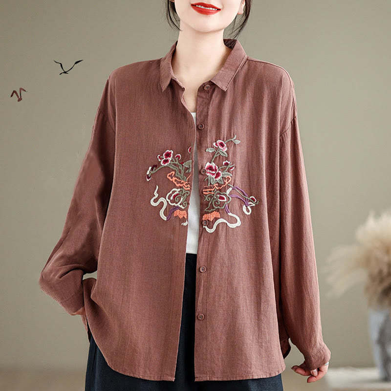 Flower Embroidery Long Sleeve Cotton Linen Women's Shirts