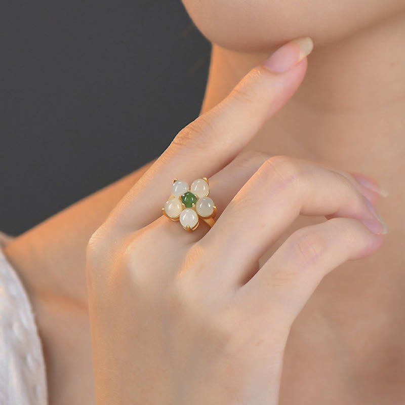 925 Sterling Silver Natural Hetian Jade Peach Blossom Flower Luck Adjustable Ring