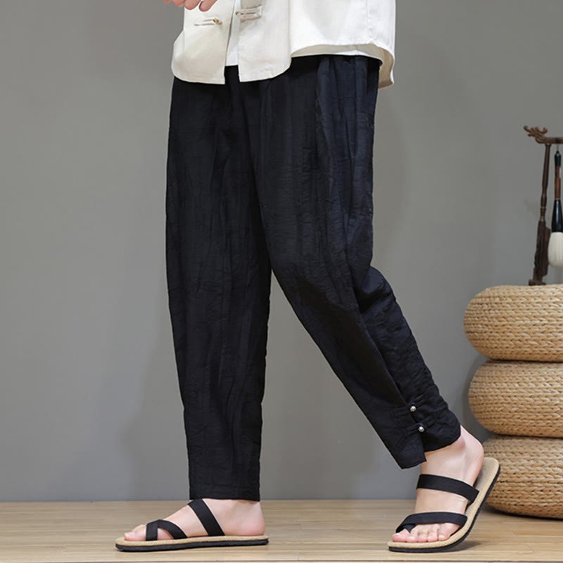 Bamboo Ankle Frog-button Drawstring Men's Pants With Pockets