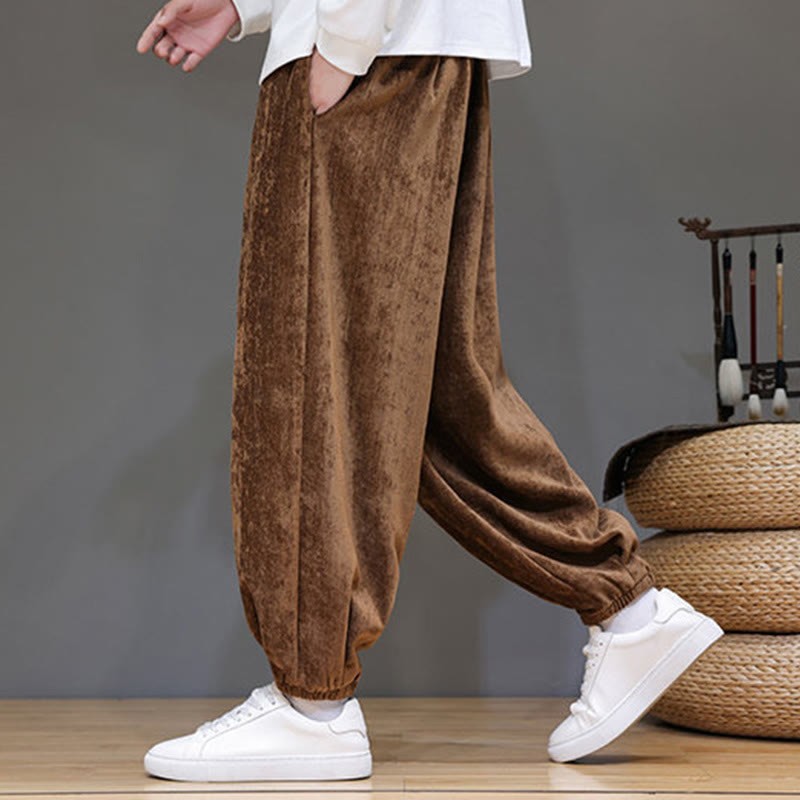 Fall Winter Men's Drawstring Chenille Harem Pants With Pockets