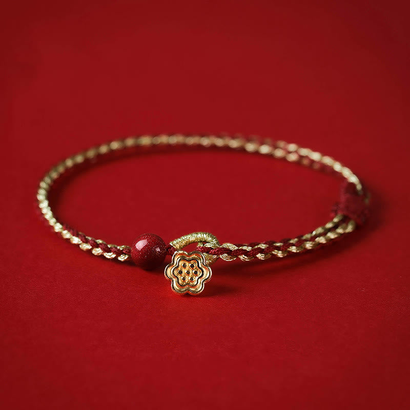 Handmade 925 Sterling Silver Lotus Cinnabar Gold Bead Blessing Braid Bracelet