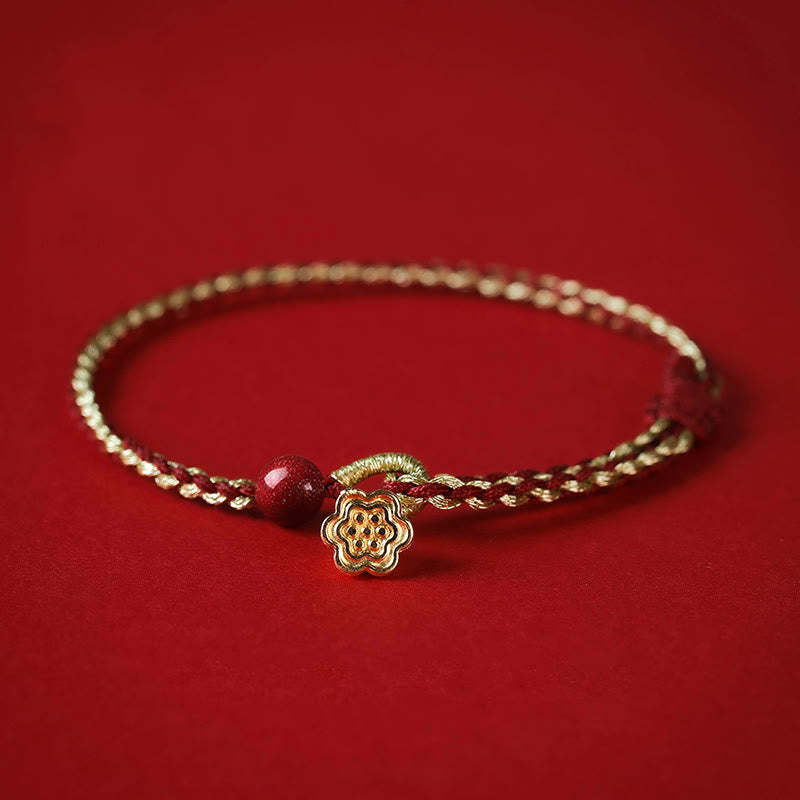 Handmade 925 Sterling Silver Lotus Cinnabar Gold Bead Blessing Braid Bracelet