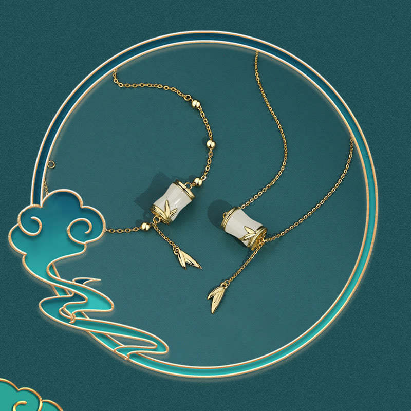 925 Sterling Silver 22K Gold Hetian White Jade Bamboo Leaf Luck Necklace Pendant Bracelet