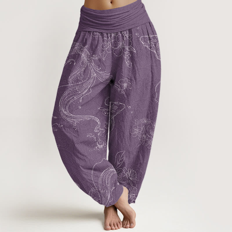 Koi Fish Floral Pattern Women's Elastic Waist Harem Pants