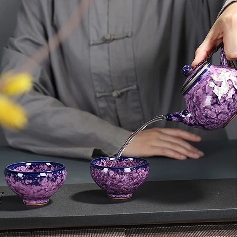 Colorful Iris Flowers Chinese Jianzhan Kiln Change Porcelain Teacup Tenmoku Kung Fu Tea Cup