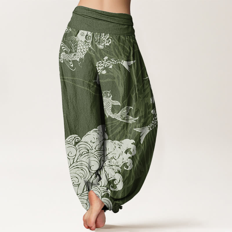 Koi FIsh Lotus Waves Women's Elastic Waist Harem Pants