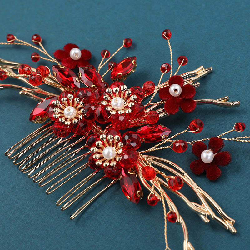 Chinese Wedding Golden Red Flower Branche Hair Comb