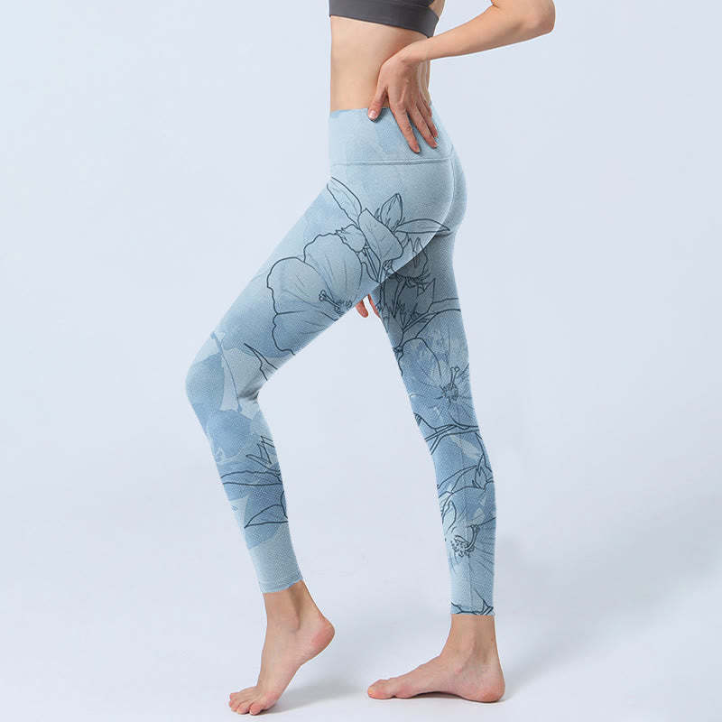 Blue Flower Sketch Print Sports Leggings Women's Yoga Pants