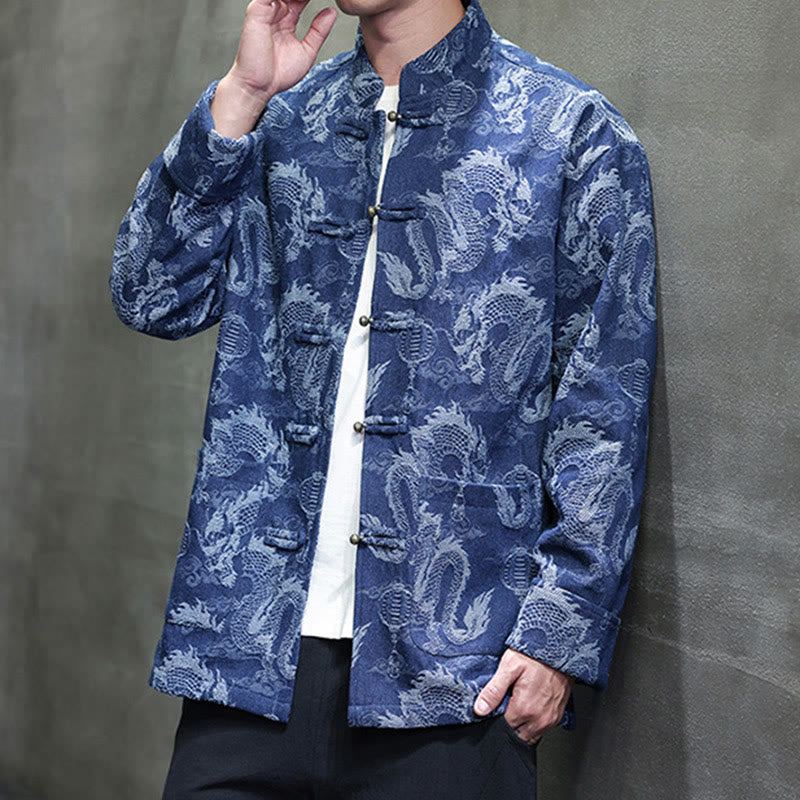 Chinese New Year Jacquard Embroidery Dragon Lantern Frog-button Tang Suit Cotton Men's Jacket Shirt With Pockets