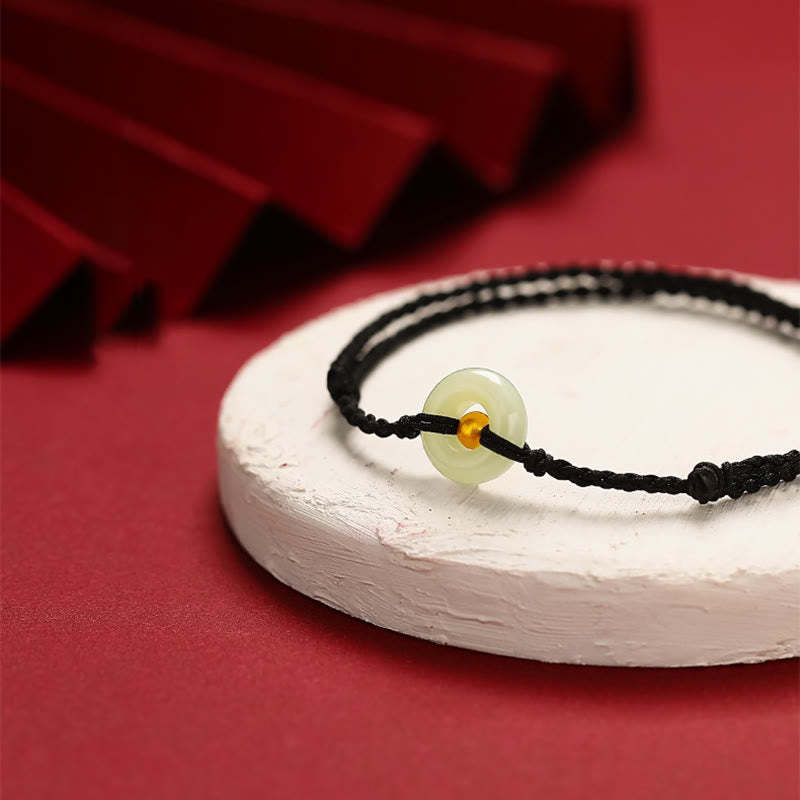 999 Gold Bead Round Peace Buckle Hetian Jade Luck Abundance Braided Bracelet Anklet