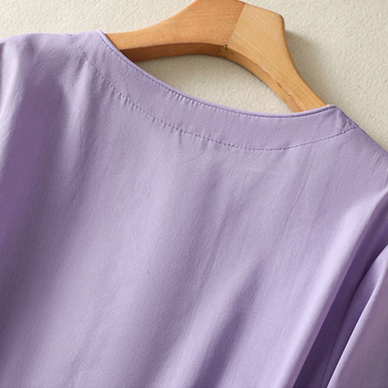 Summer Orchid Embroidery Lace-Up V-Neck Half Sleeve Cotton Linen Midi Dress With Pockets