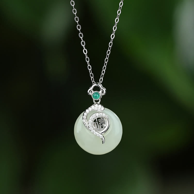 925 Sterling Silver Fu Character Hetian Jade Peace Buckle Year Of The Snake Luck Necklace Pendant
