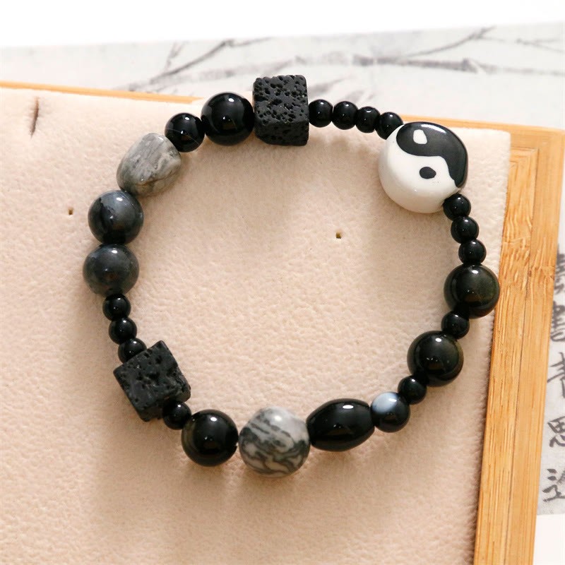 Black Onyx Picasso Jasper Bead Yin Yang Fortune Protection Bracelet
