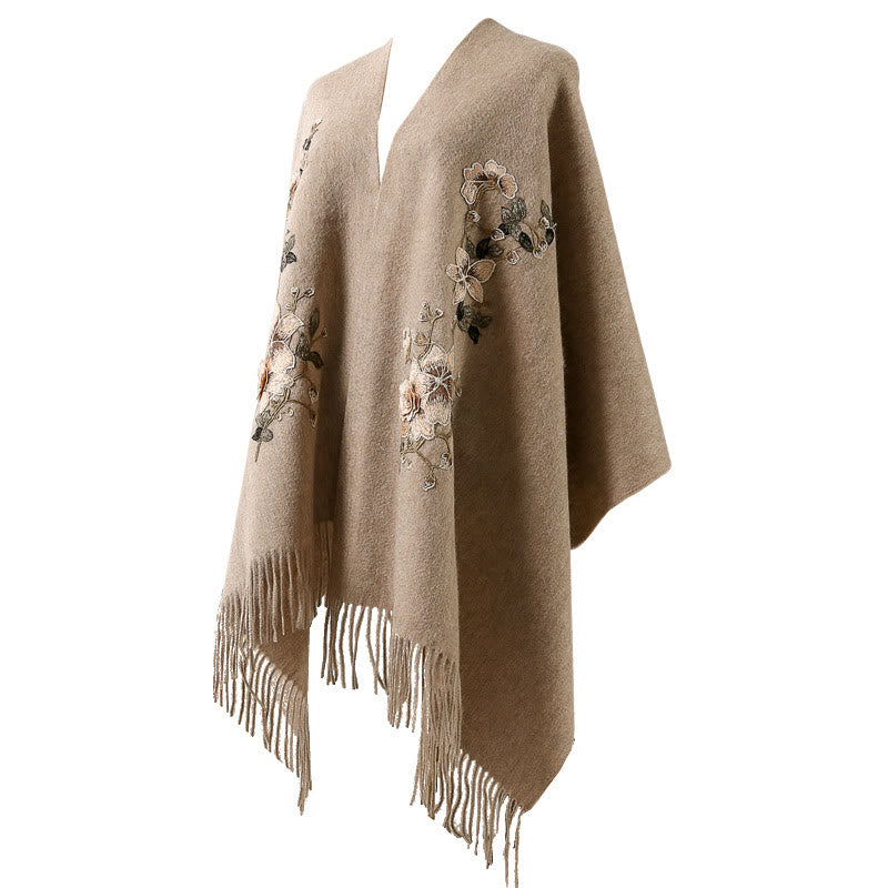 Wool Shawl White Orange Flower Embroidery Tassel Winter Cozy Travel Scarf Wrap