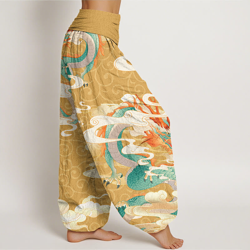 Vibrant Dragon White Auspicious Clouds Women's Elastic Waist Harem Pants