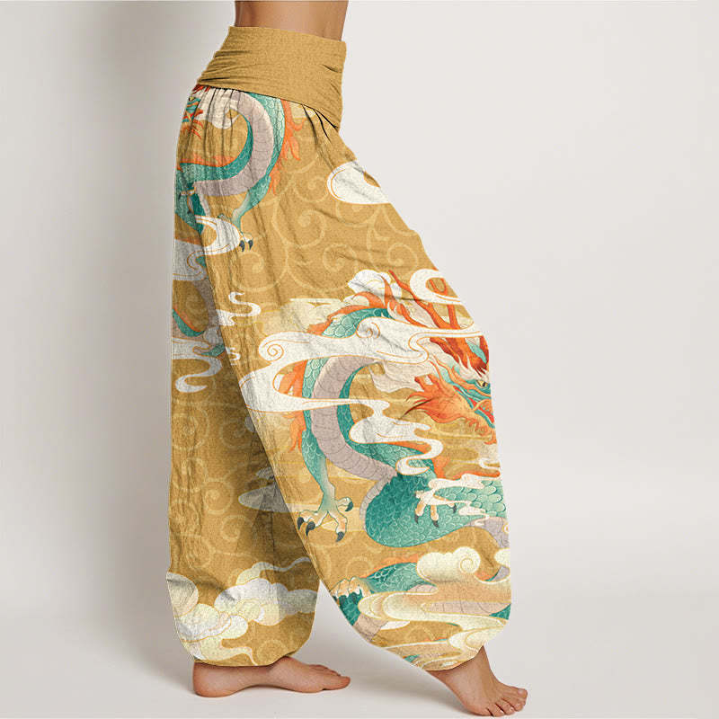 Vibrant Dragon White Auspicious Clouds Women's Elastic Waist Harem Pants