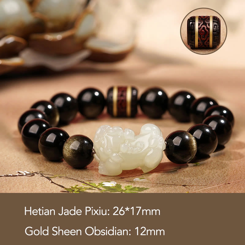 Natural Gold Sheen Obsidian Hetian Cyan Jade White Jade PiXiu Wealth Bracelet