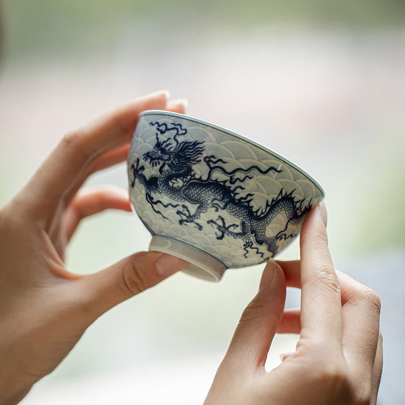 Blue Dragon Design Ceramic Teacup Kung Fu Tea Cups