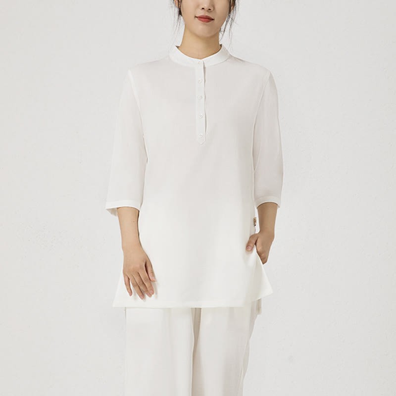 2Pcs Solid Color Three Quarter Shirt Top Pants Meditation Zen Tai Chi Cotton Linen Clothing Women's Set
