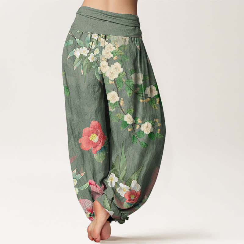 Vibrant Blooming Lotus Flower Lush Branches Women's Elastic Waist Harem Pants