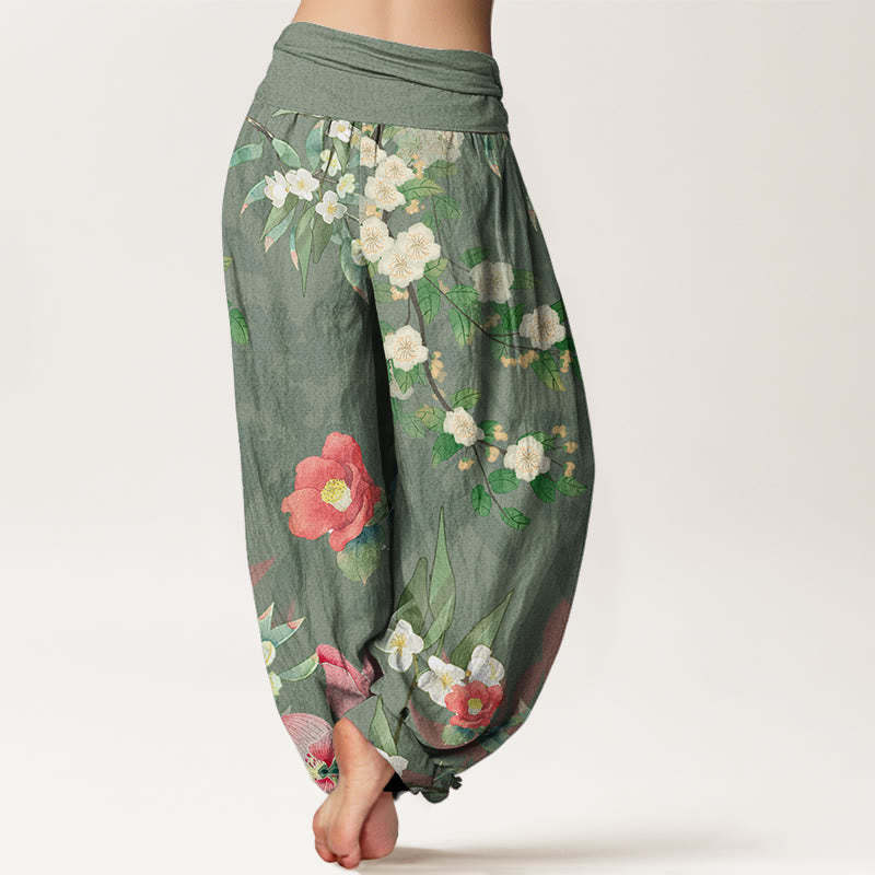 Vibrant Blooming Lotus Flower Lush Branches Women's Elastic Waist Harem Pants