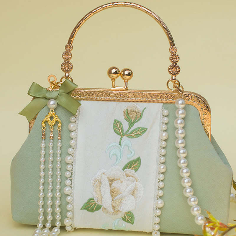 Double-sided Flowers Embroidery Pearl Pendant Metal Chain Crossbody Bag Handbags