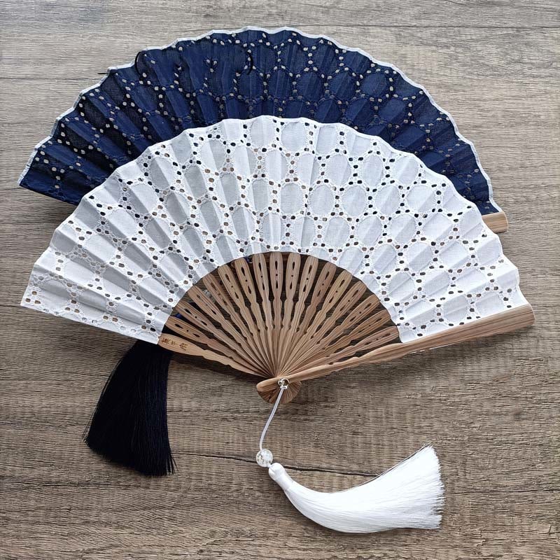 Solid Color Hollow Flowers Embroidery Cotton Fabric Handheld Bamboo Folding Fan