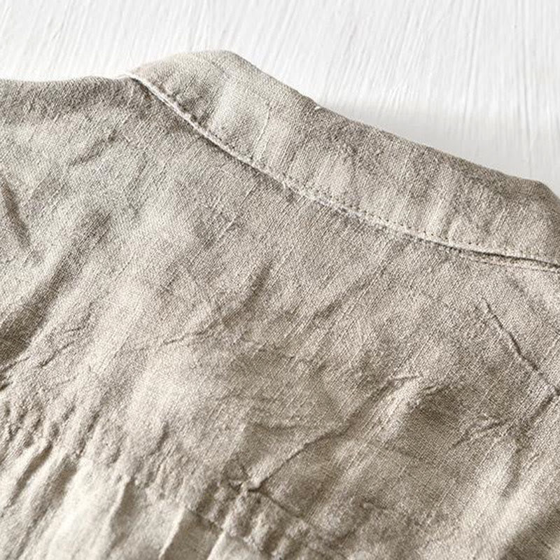 Simple Design Short Sleeve Lapel Linen Half Button Men's Shirt