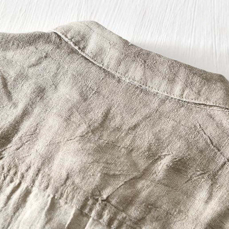 Simple Design Short Sleeve Lapel Linen Half Button Men's Shirt