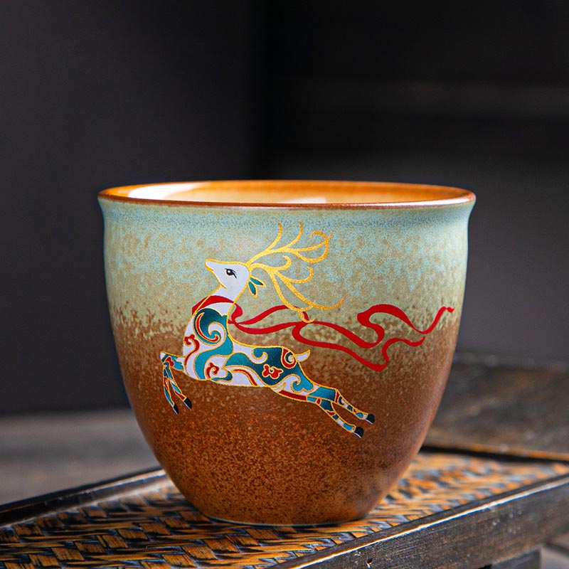 Colorful Deer Pipa Snow Plum Blossoms Mountains Rivers Bird Ceramic Teacup Kung Fu Tea Cup Bowl