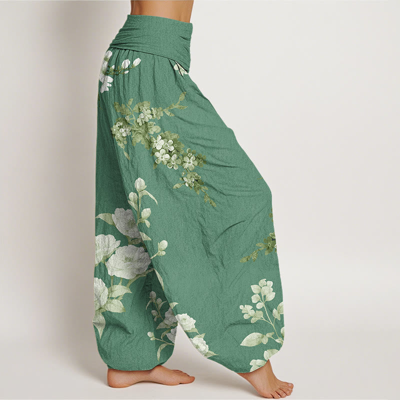 Blooming And Budding Flowers With Leaves Pattern Women's Elastic Waist Harem Pants
