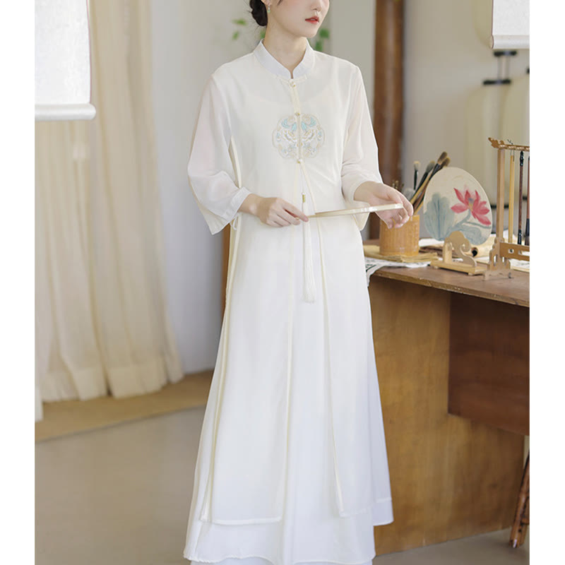 Embroidery Chiffon Cheongsam Midi Dress Wide Leg Pants Meditation Zen Practice Clothing