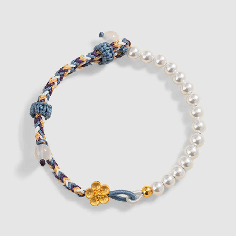 925 Sterling Silver Peach Blossom Pearl Chalcedony Healing Rope Bracelet