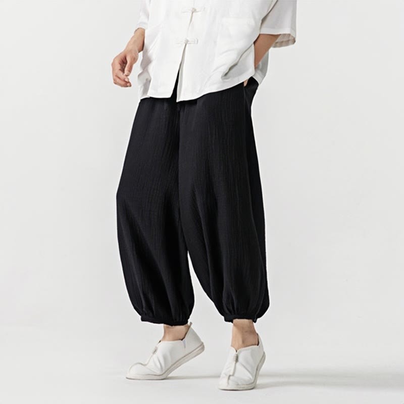 Soft Solid Color Drawstring Cotton Men's Pants With Pockets