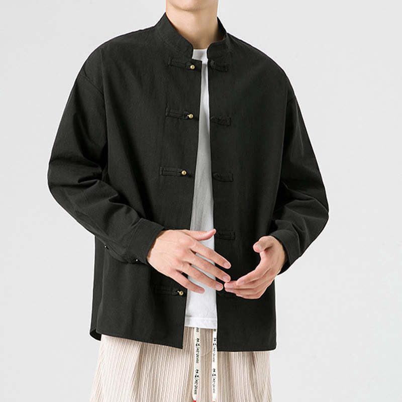 Solid Color Frog-button Tang Suit Cotton Men's Jacket Shirt