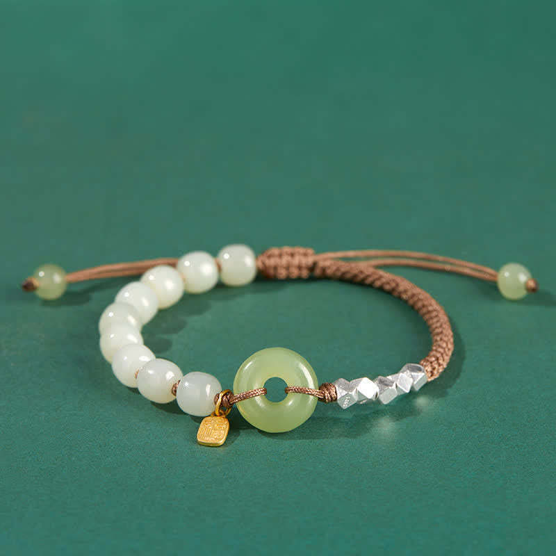 925 Sterling Silver Hetian Jade Peace Buckle Beaded Luck Happiness Charm Bracelet