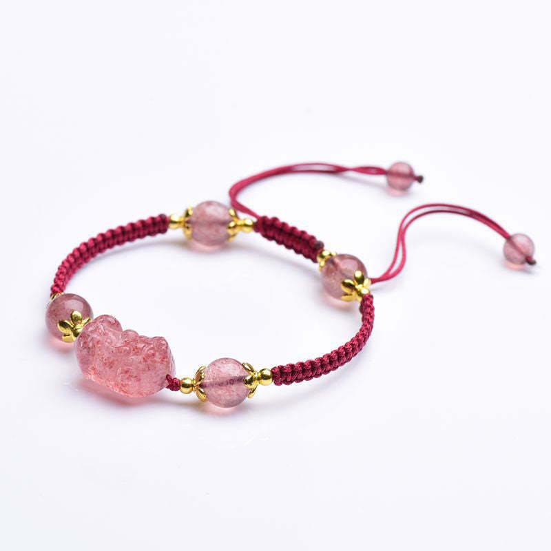 Natural Strawberry Crystal Pixiu Charm Lucky Red String Bracelet