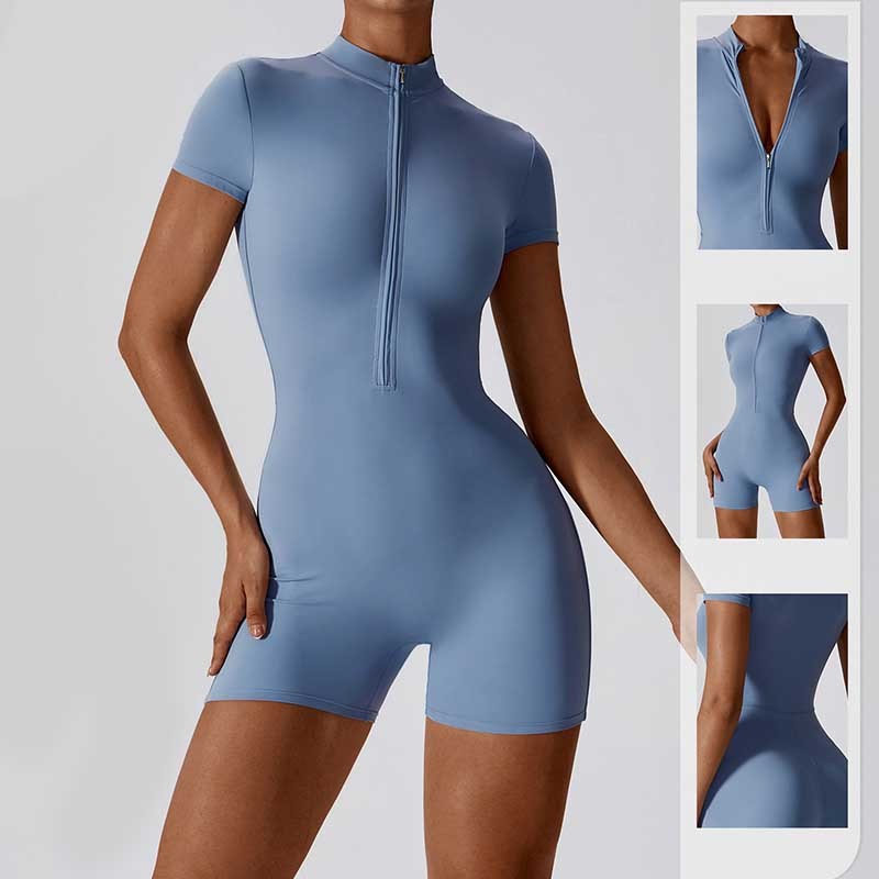 High Stretch Zipper Short Sleeve Jumpsuit Sports Fitness Yoga Women Bodysuit