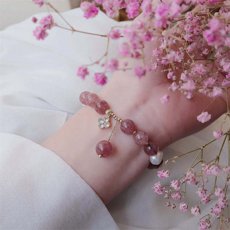 Natural Strawberry Quartz Pearl Four Leaf Clover Love Bracelet