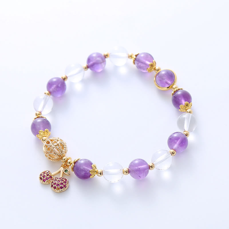 Natural Amethyst White Crystal Positive Cherry Charm Bracelet