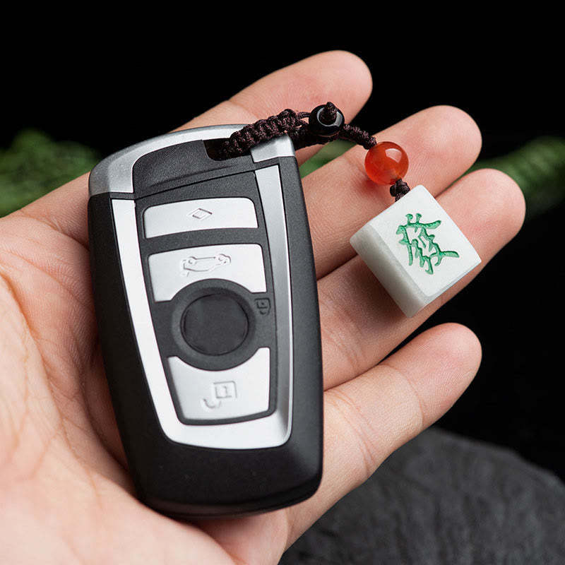 Natural Jade Mahjong Fa Character Wealth Prosperity Phone Hanging Key Chain Decoration