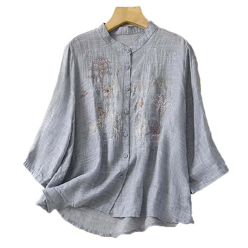 Casual Embroidered Plant Stand Collar Design Three Quarter Sleeve Women's Cotton Linen Shirt
