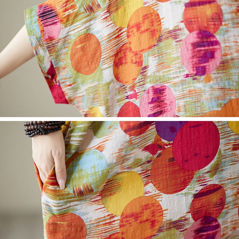 Orange Blue Colorful Polka Dots Midi Dress Cotton Half Sleeve Dress With Pockets