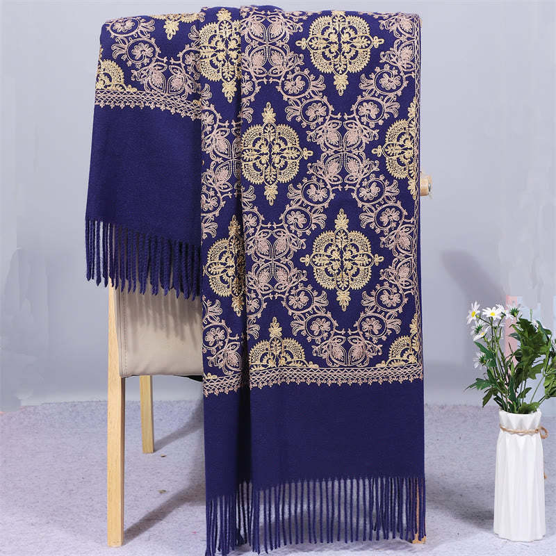 Polyester Shawl Symmetry Gold Filigree Embroidery Tassel Winter Cozy Travel Scarf Wrap