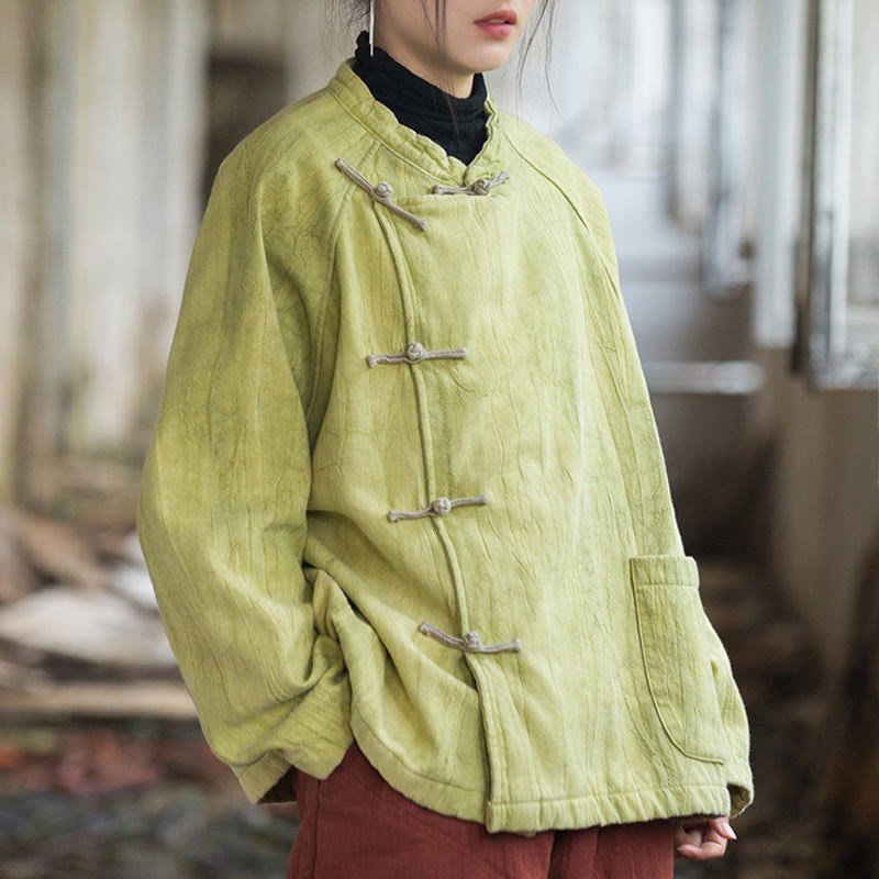 Solid Color Frog-button Thermal Long Sleeve Ramie Linen Women's Shirt