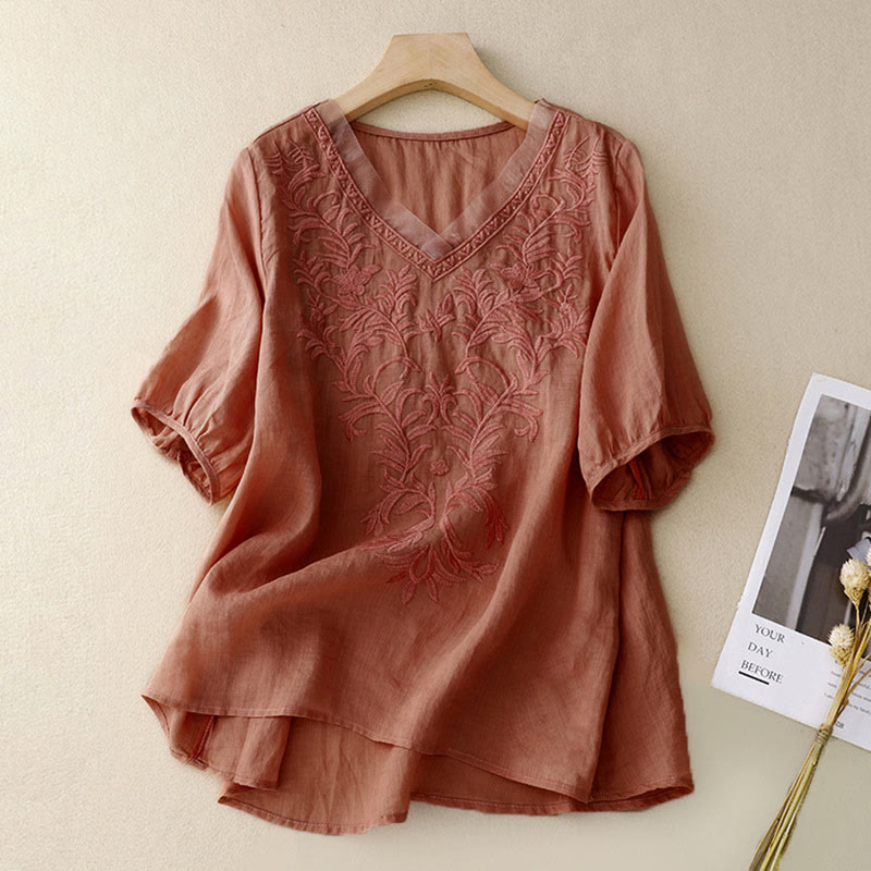 Casual Women's Plain Embroidered Plant V-neck Design Half Sleeve Cotton Linen Shirt